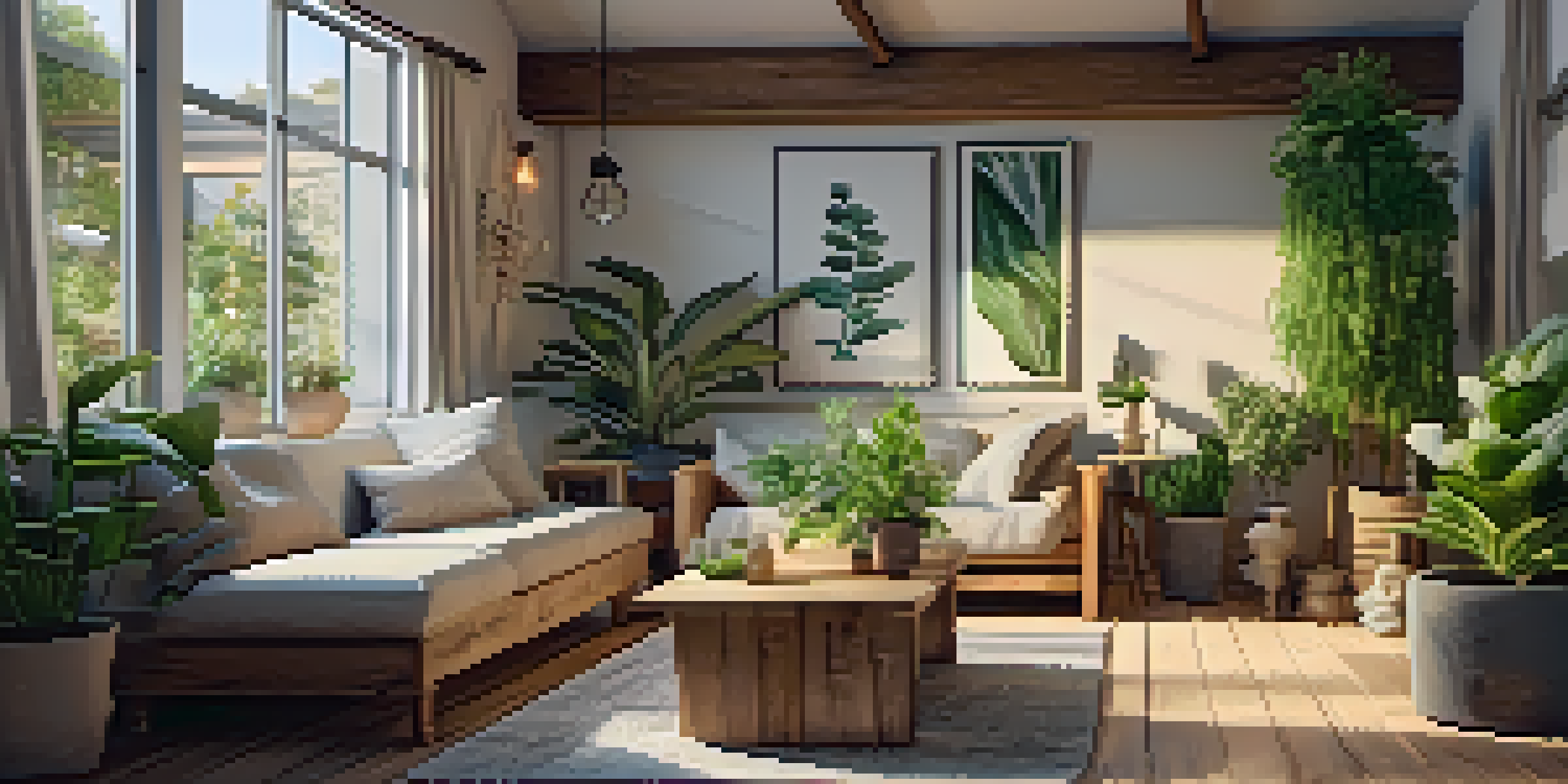A cozy living room with reclaimed wood furniture and potted plants, illuminated by warm lighting.