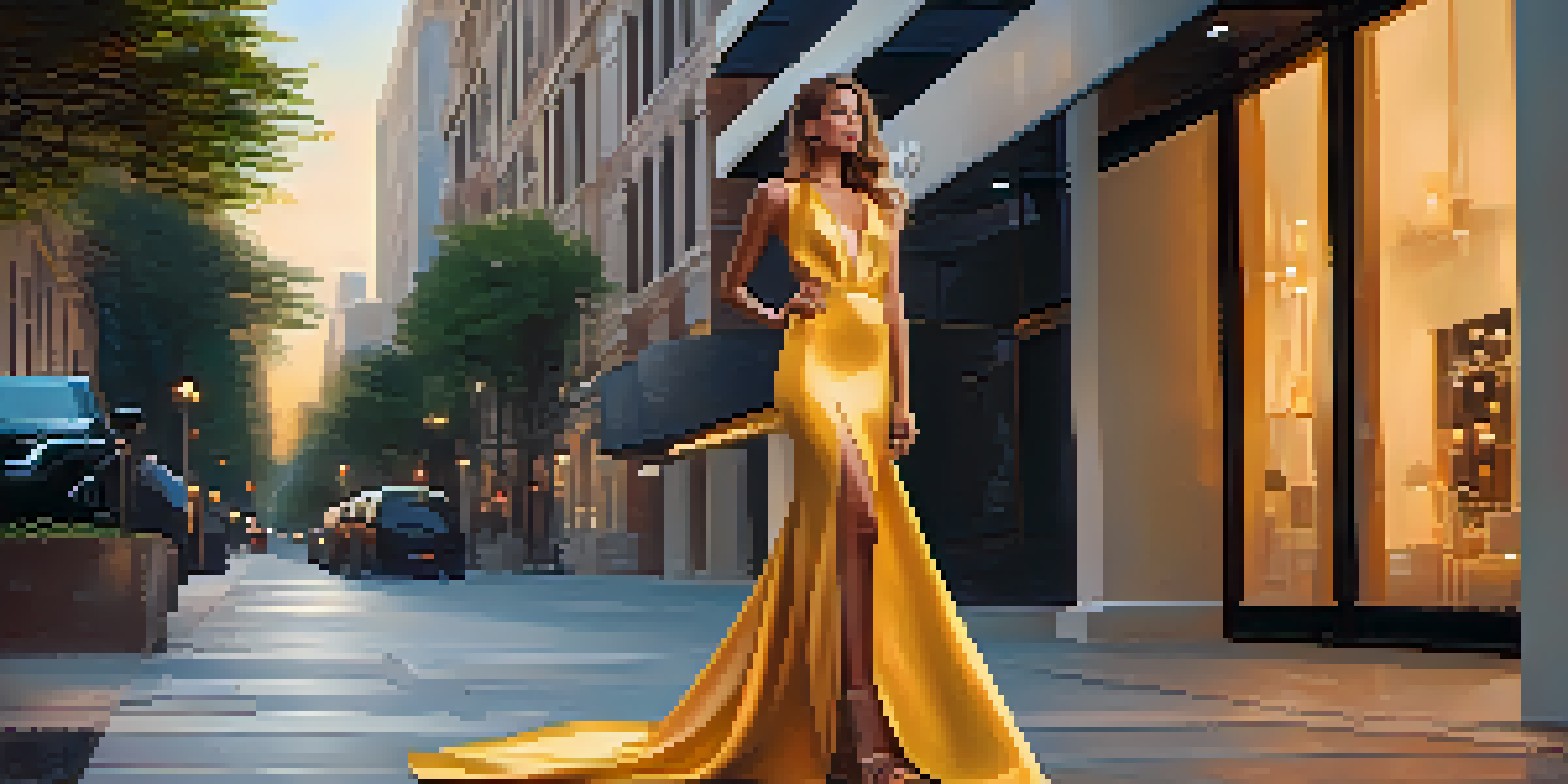A fashionable influencer in a designer gown poses in an urban setting with city lights in the background during sunset.