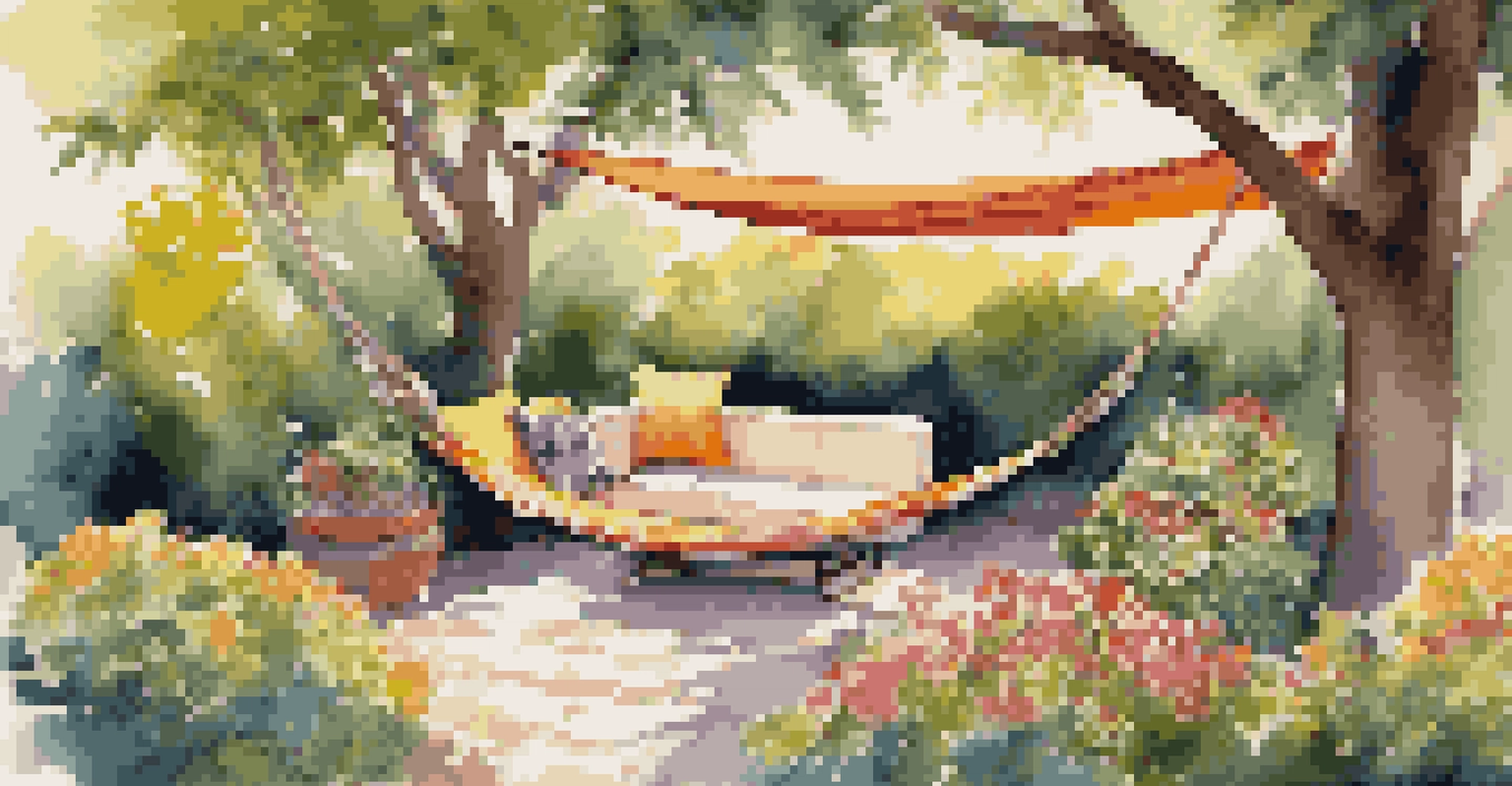 A vibrant outdoor lounge with a hammock, flowering plants, and a fire pit, set in a sunny atmosphere inviting relaxation.