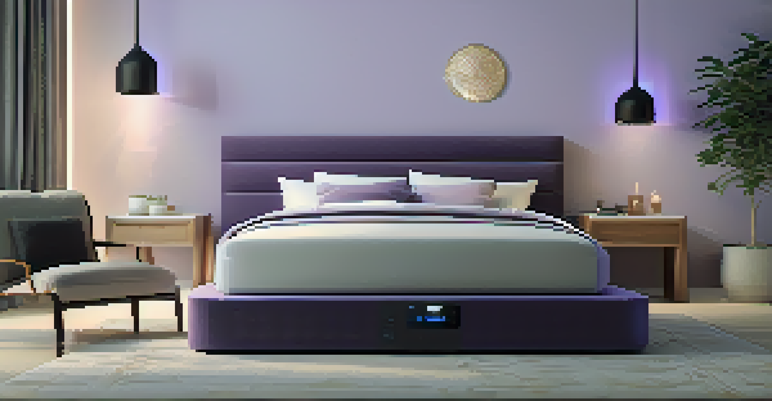 A calming bedroom with a smart mattress and sleep-tracking pillows.