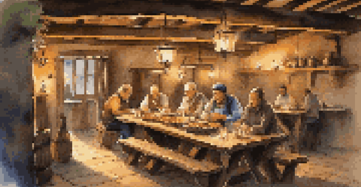 A cozy rustic tavern in the Balkans with local dishes on a wooden table, illuminated by candlelight and featuring musicians playing traditional music.