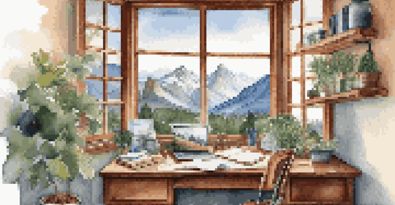 A warm home office with a view of mountain peaks, natural light streaming in, and a rustic desk decorated with plants and stationery.