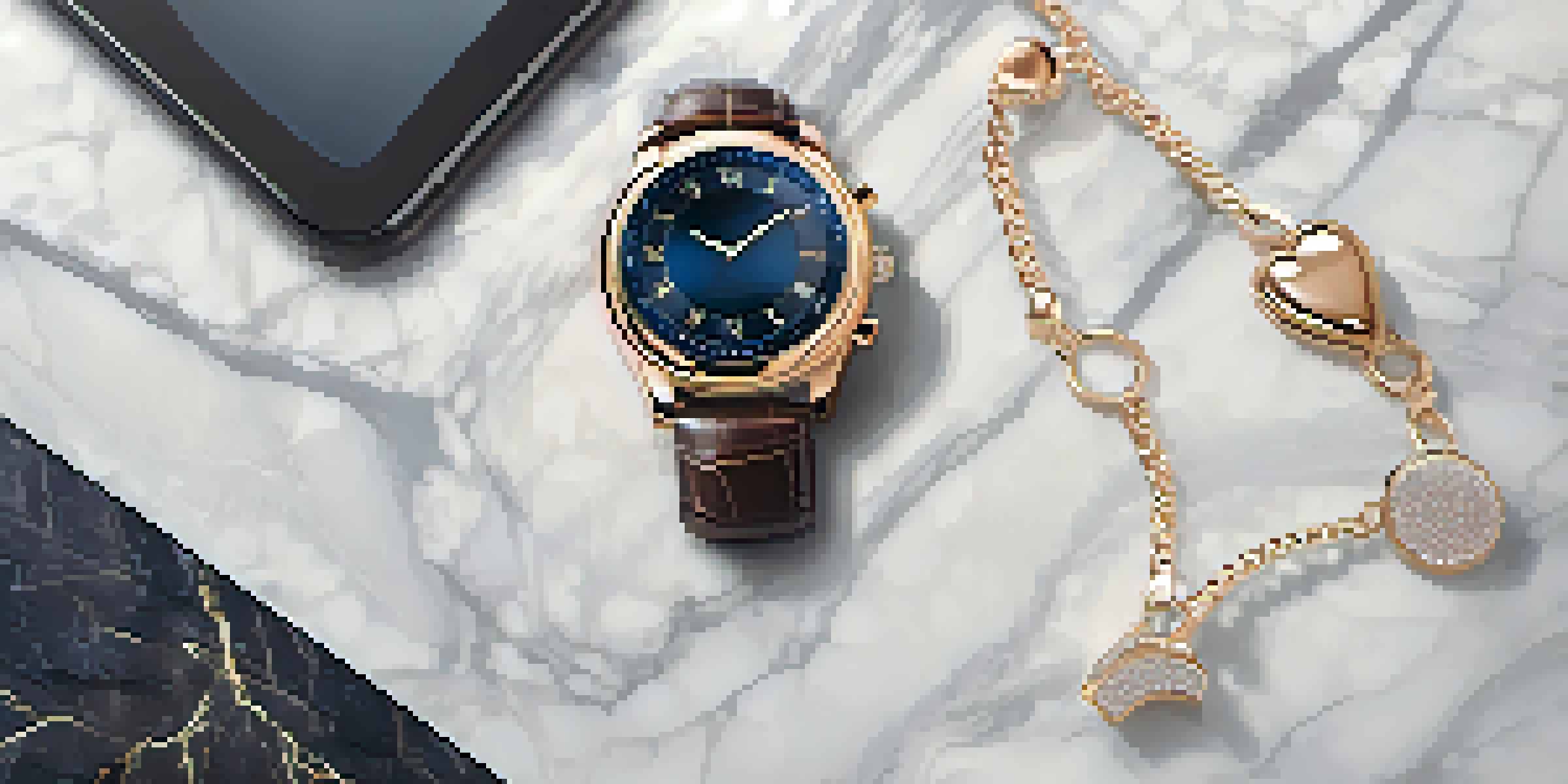 A luxurious smartwatch resembling a designer bracelet, displayed on a marble surface with a soft glow.