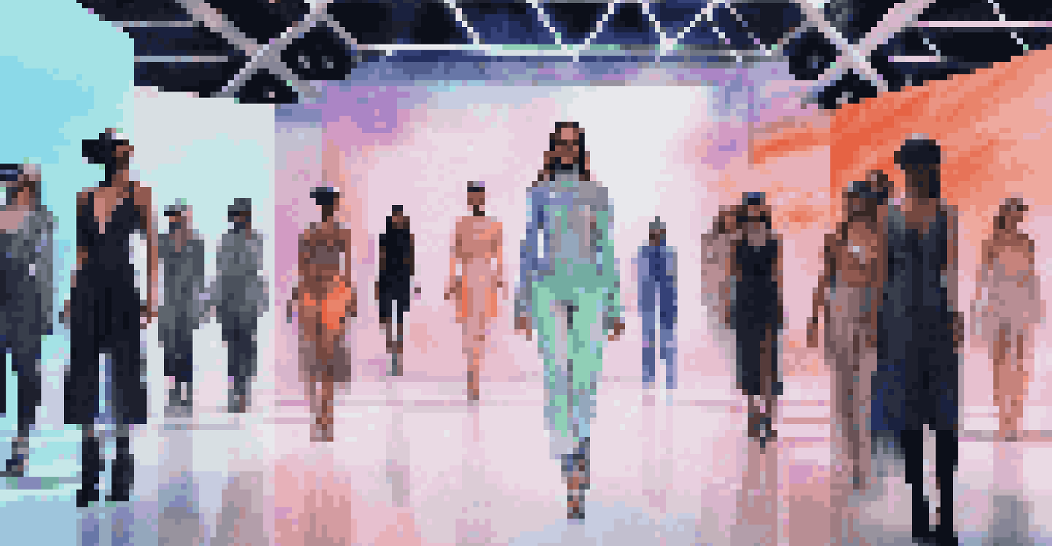 A futuristic fashion show with models in innovative designs, holographic displays, and an audience using virtual reality headsets.