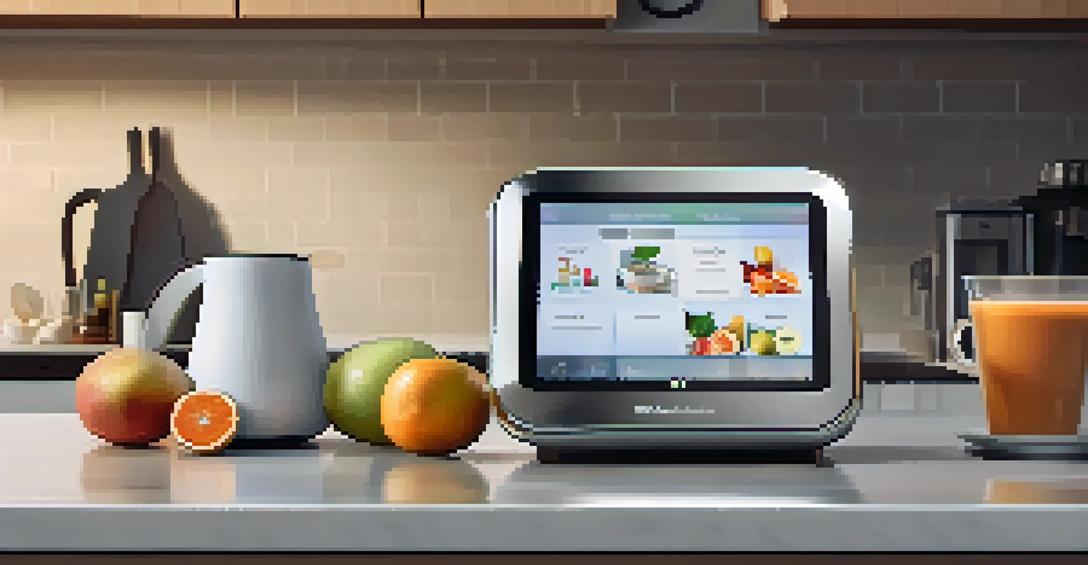 A high-tech personal assistant on a kitchen counter with fresh fruits and a coffee cup, in a modern kitchen.