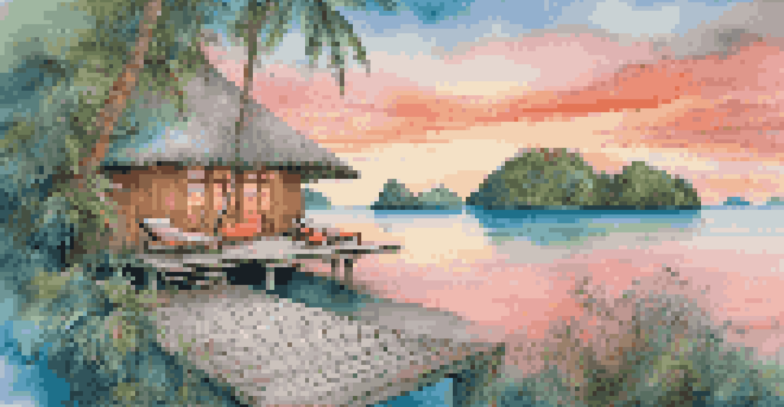 An eco-luxury resort in Raja Ampat, Indonesia, featuring a private deck and stunning sunset over turquoise waters.