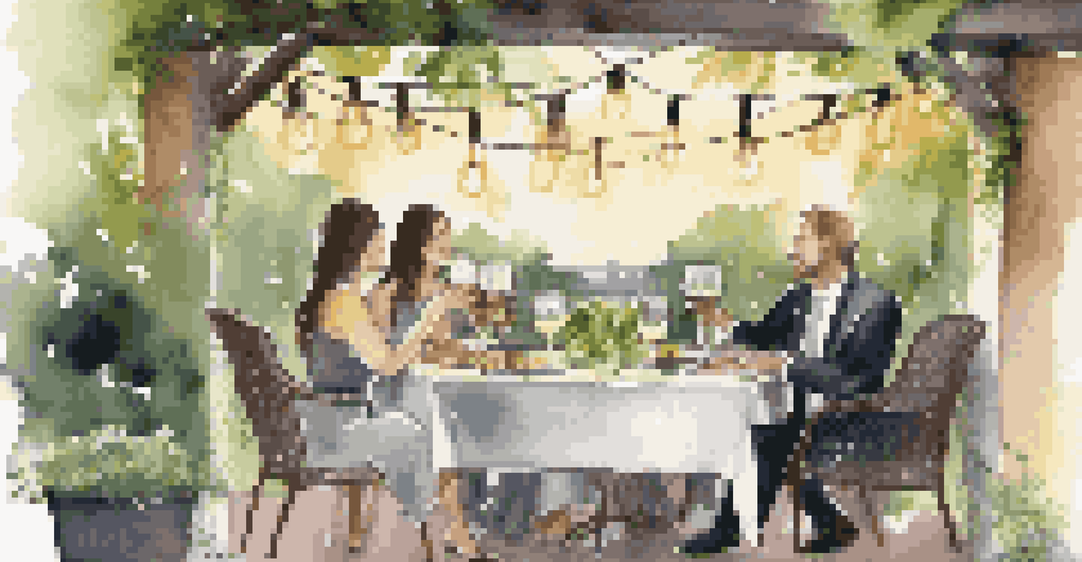 An outdoor dining setup with gourmet food and wine, set in a romantic garden atmosphere.