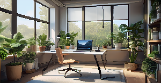 A modern home office with a smart desk, ergonomic chair, and indoor plants, illuminated by warm lighting.