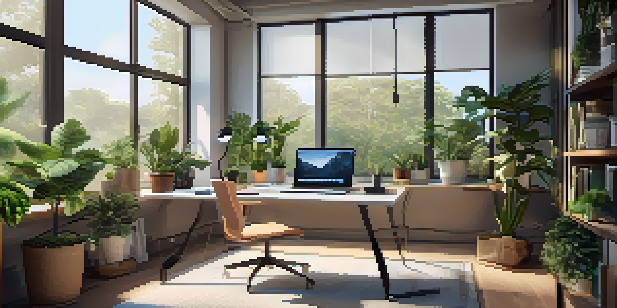 A modern home office with a smart desk, ergonomic chair, and indoor plants, illuminated by warm lighting.