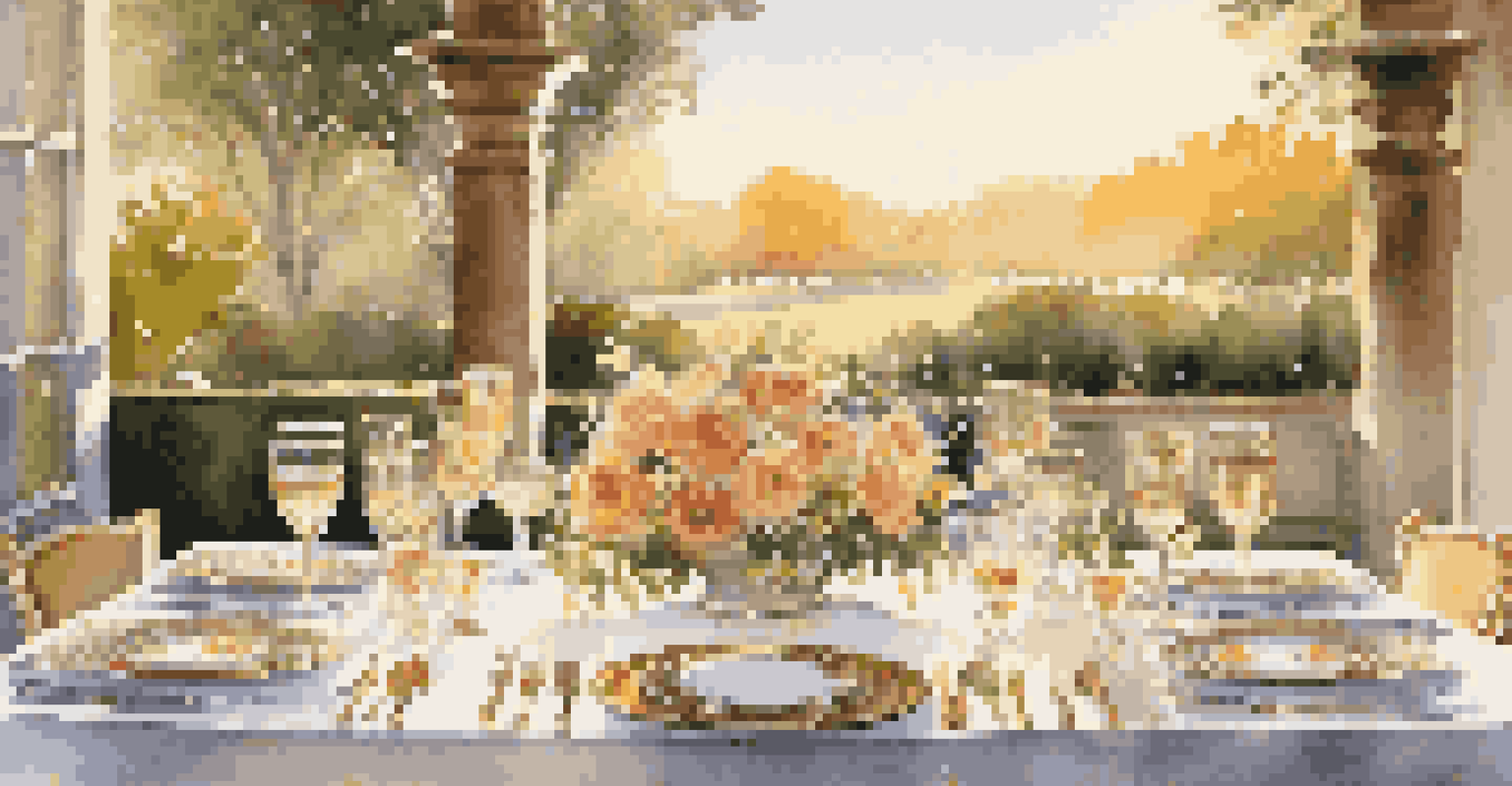 An outdoor dining table set with fine china, crystal glassware, and a floral centerpiece, illuminated by golden hour sunlight.