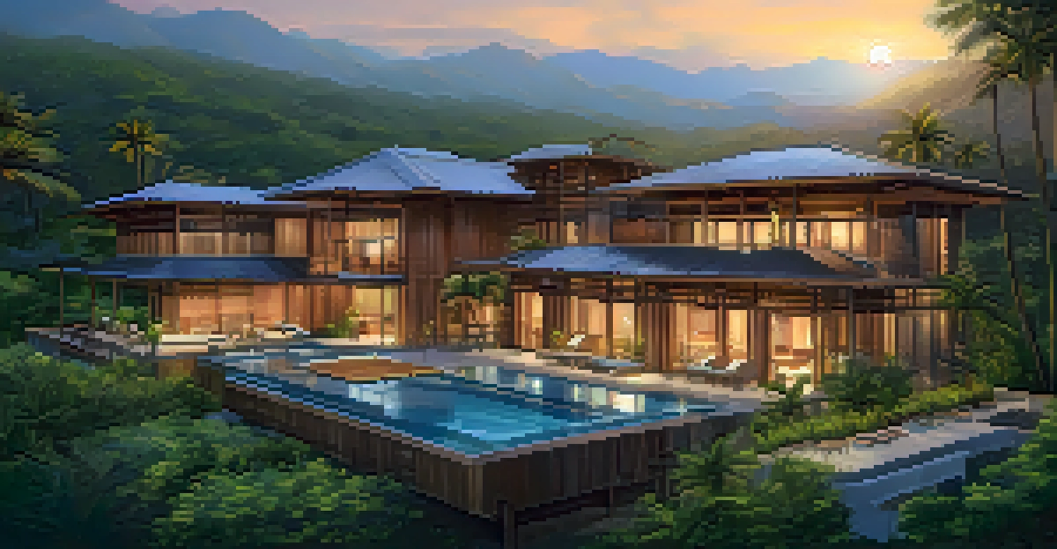 A luxury eco-resort in a natural setting, with guests engaging in outdoor activities during sunset.