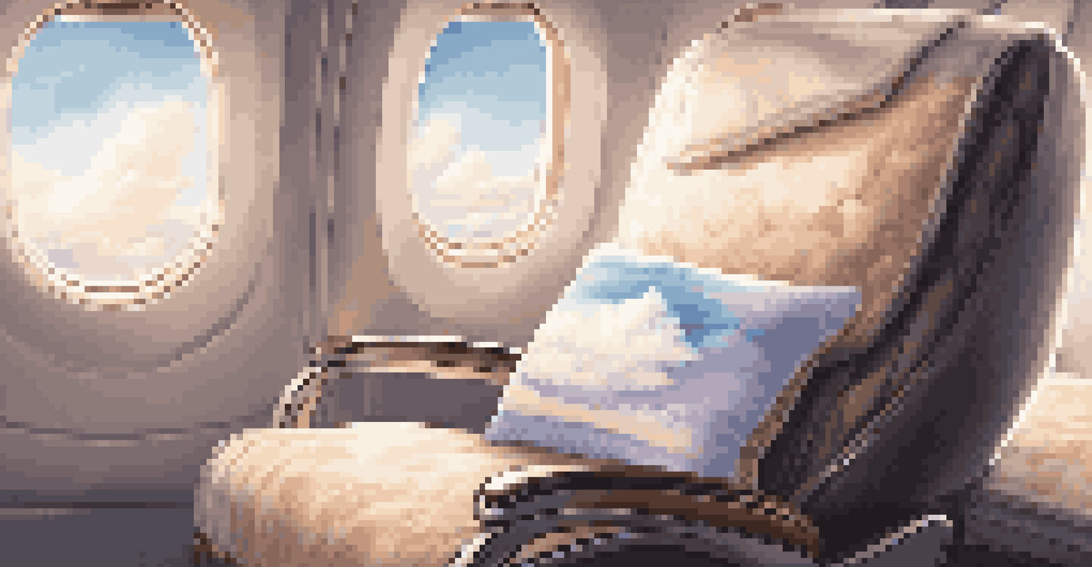 A luxurious travel pillow on a plush airplane seat with ambient lighting and a view of clouds outside the window.