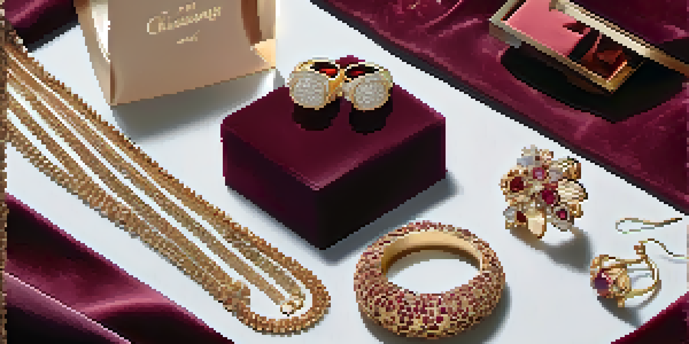 A flat lay arrangement of luxury jewelry pieces including gold necklaces, diamond rings, and gemstone earrings on a burgundy velvet background.