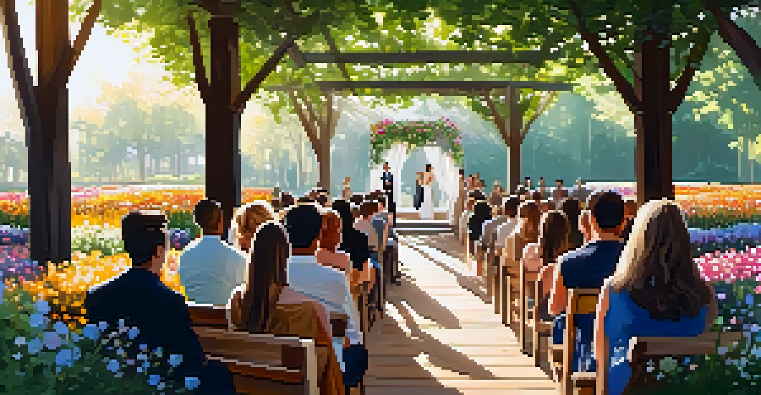An outdoor fashion show in a lush garden with models in nature-inspired outfits and a warm atmosphere.