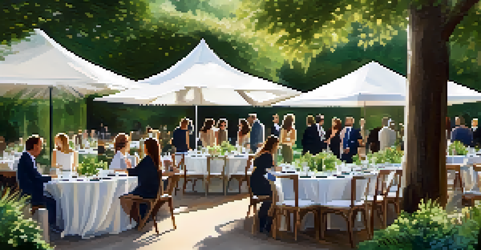 An outdoor luxury networking event with eco-friendly decor and attendees enjoying organic catering.