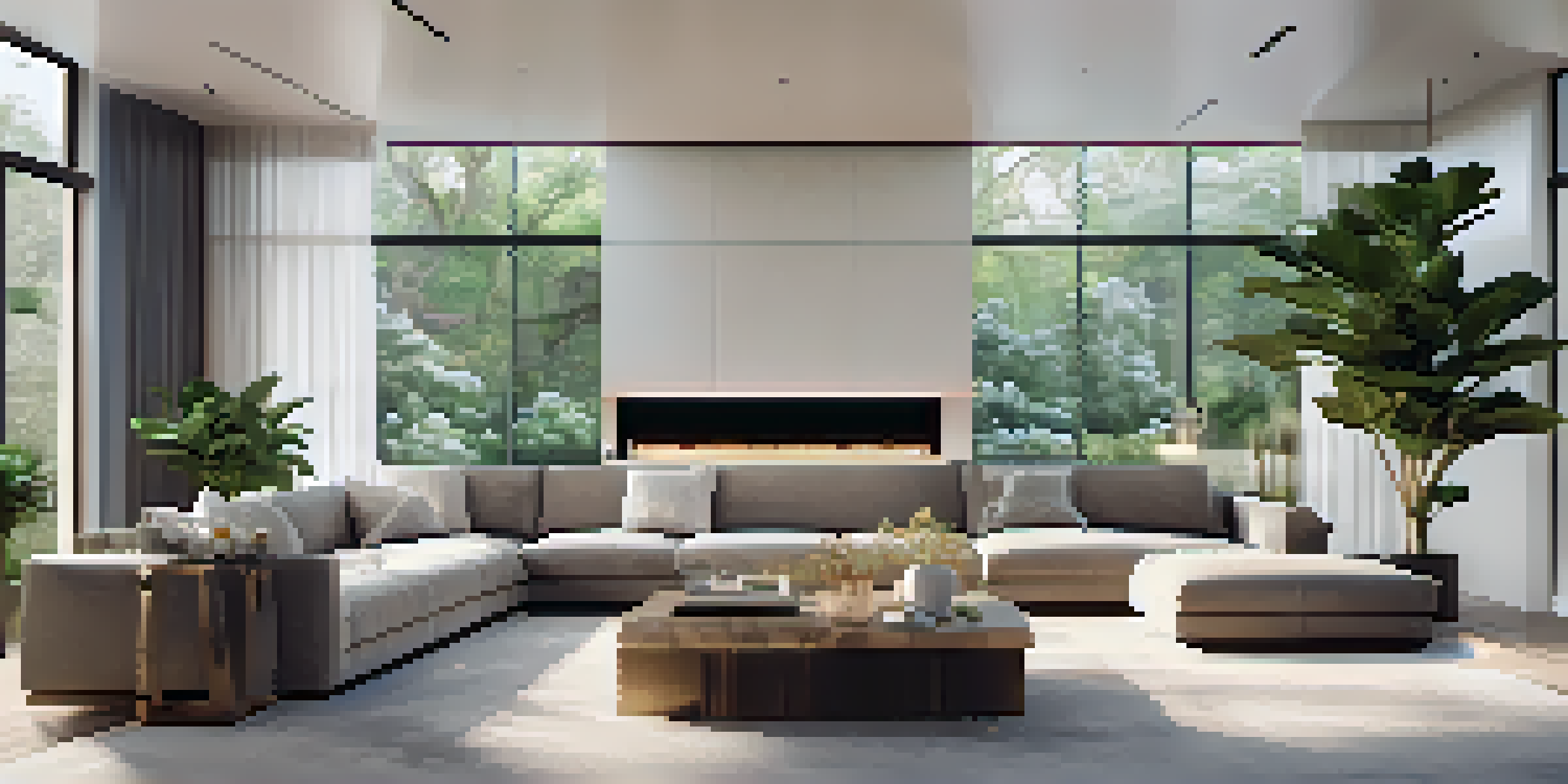 A modern living room equipped with smart home technology, featuring elegant furniture and ambient lighting.