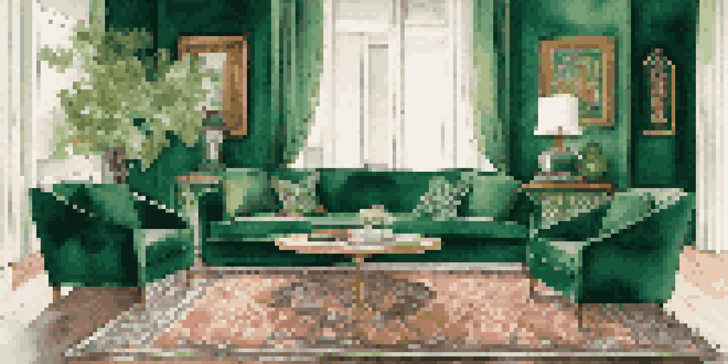 A luxurious living room with an emerald green velvet couch, a minimalist reclaimed wood coffee table, and an intricately patterned upholstered chair, all bathed in soft natural light.