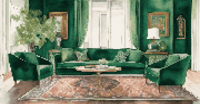 A luxurious living room with an emerald green velvet couch, a minimalist reclaimed wood coffee table, and an intricately patterned upholstered chair, all bathed in soft natural light.