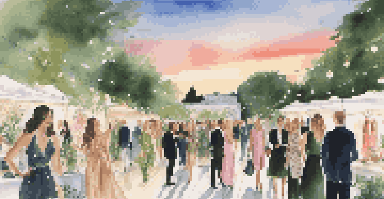 An outdoor luxury fashion pop-up event with stylish attendees, elegant displays, greenery, and a sunset in the background.