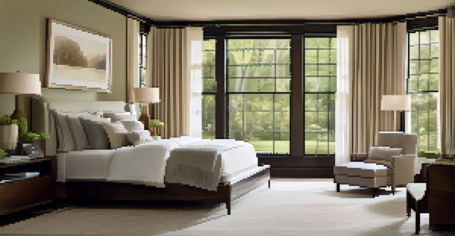 An elegant bedroom with partially drawn motorized blackout curtains revealing a view of trees outside, featuring soft bedding and a bedside table.