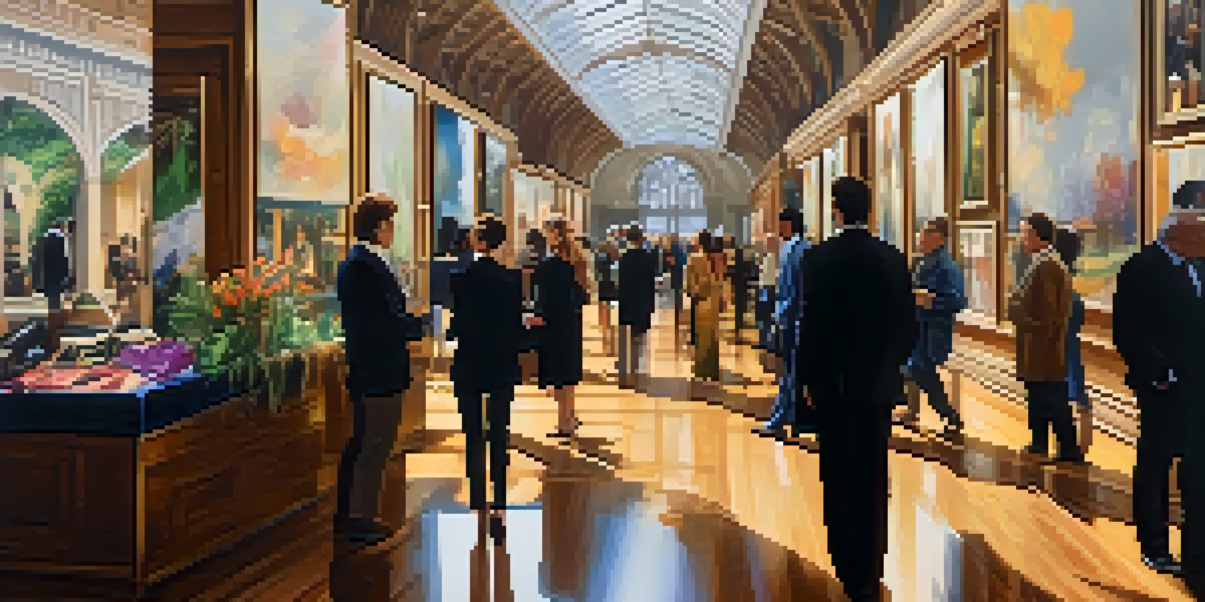 A lively art fair with elegant booths displaying contemporary artworks and attendees in stylish clothing interacting and admiring the art.