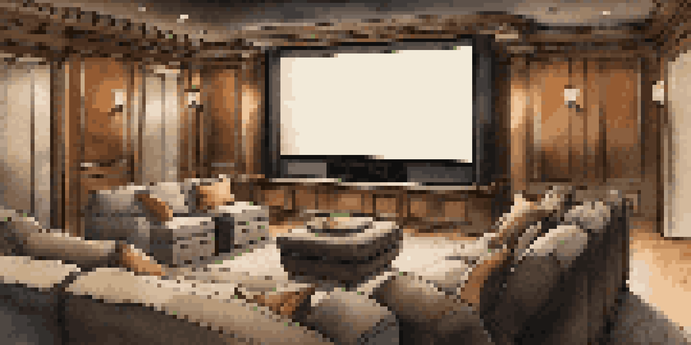 A luxurious home theater with tiered seating, an 8K screen, and dimmable LED lighting, creating a cozy ambiance.