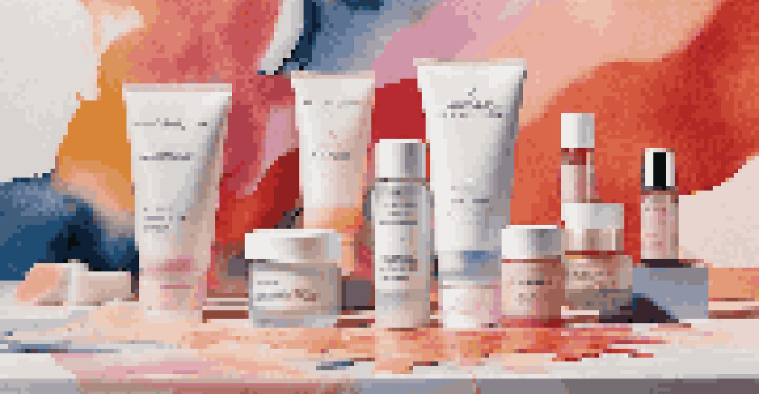 Luxury skincare products displayed with vibrant abstract art in a stylish arrangement.