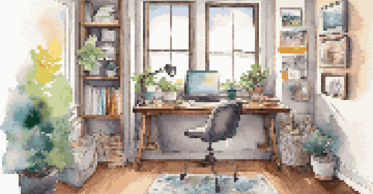 A vibrant multifunctional home office with a standing desk, reading nook, and personal decorations.