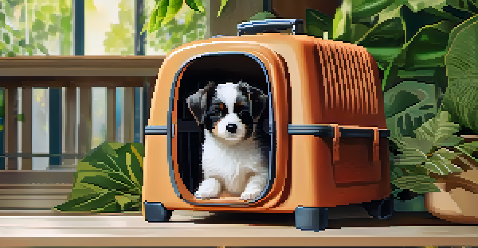 An eco-friendly pet carrier made from recycled materials in an outdoor setting with a dog peeking out.