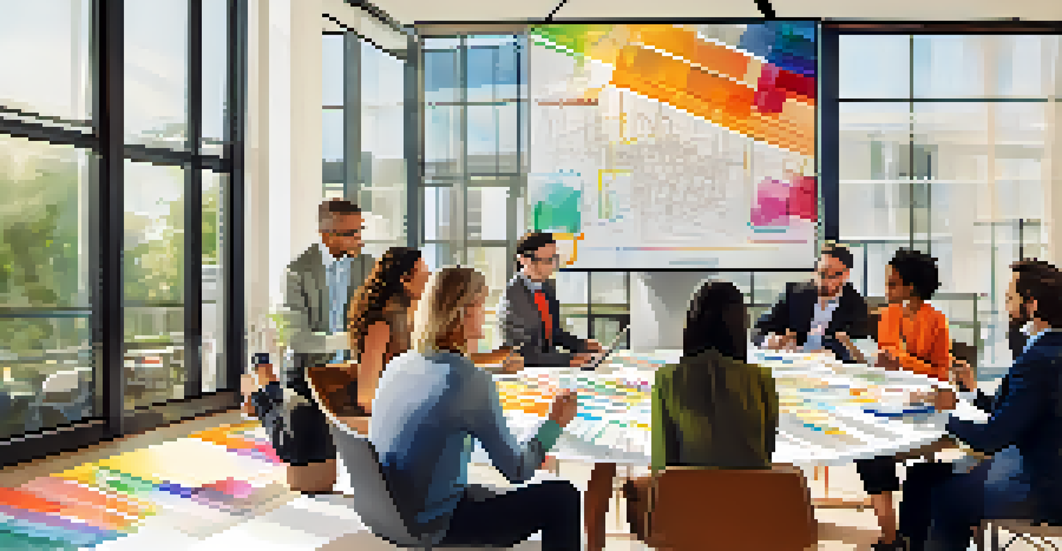 A diverse group of professionals collaborating around a glass table with laptops and colorful charts in a well-lit room.