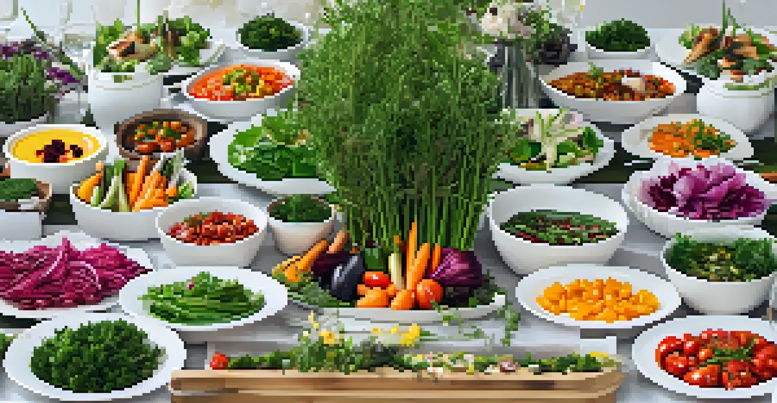 A catering table with an array of gourmet vegetarian dishes, compostable dishware, and fresh ingredients, emphasizing sustainability.