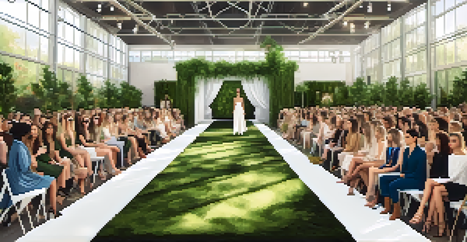 A sustainable fashion show with models in eco-friendly outfits amidst greenery and natural lighting.