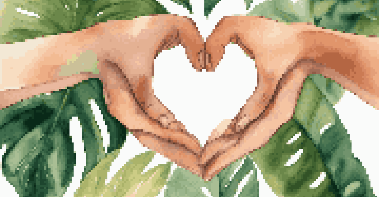 A close-up of diverse hands forming a heart shape against a background of greenery and soft sunlight, symbolizing love and connection.