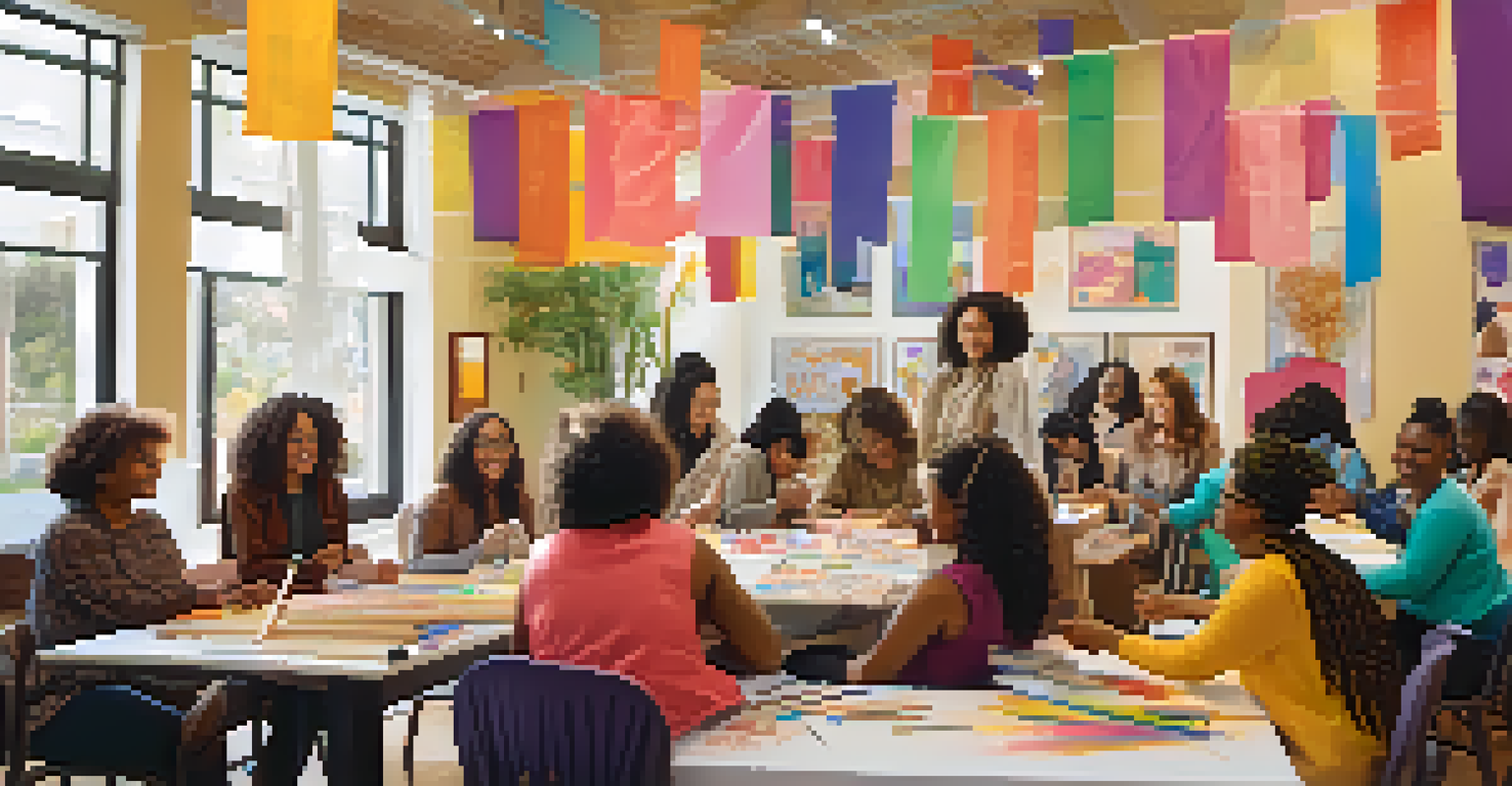 A community event with diverse women participating in a workshop, surrounded by educational materials and colorful empowerment banners.