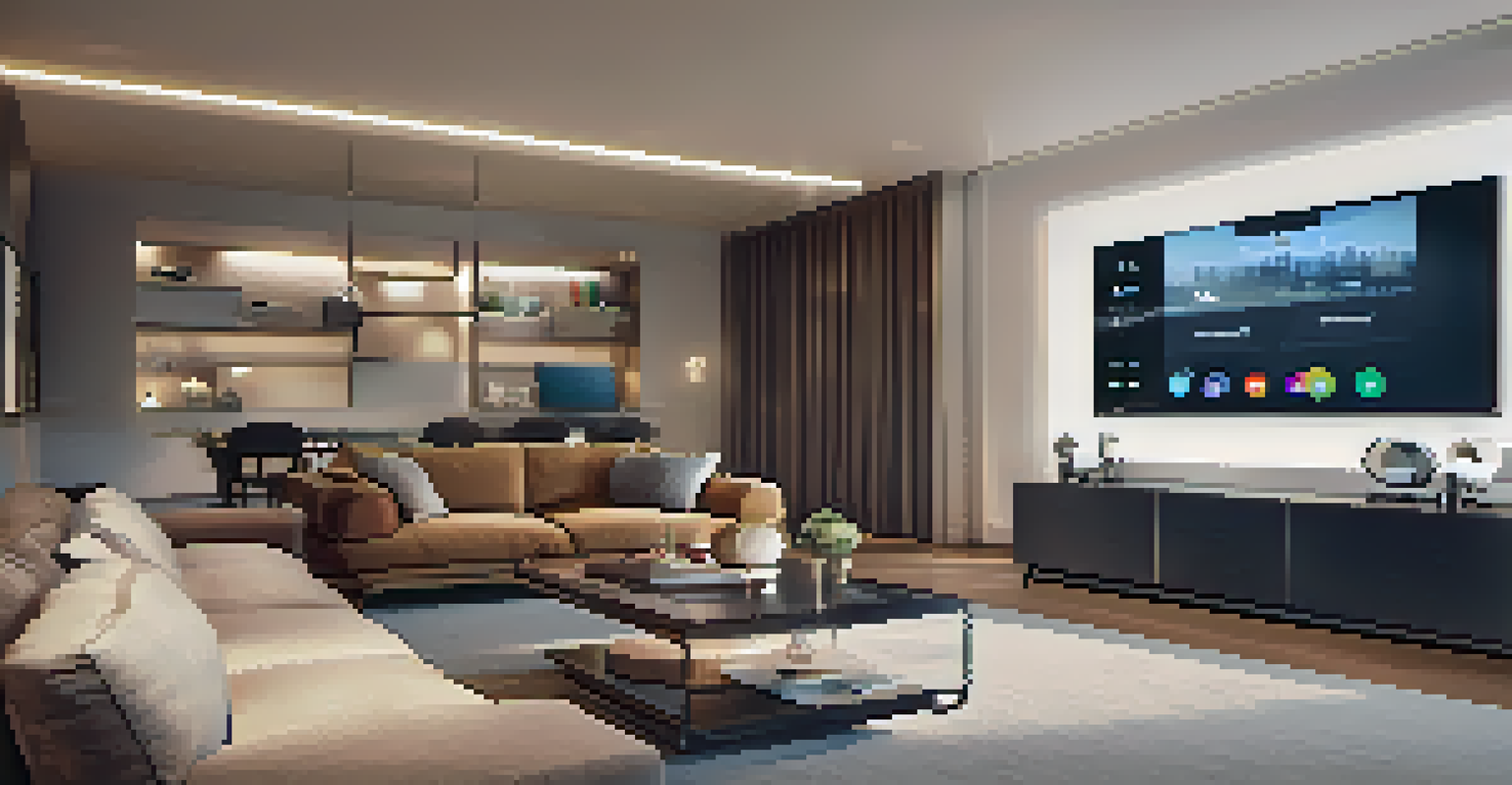 A chic living room featuring a smartphone displaying a live security camera feed, with modern furniture and soft ambient lighting.