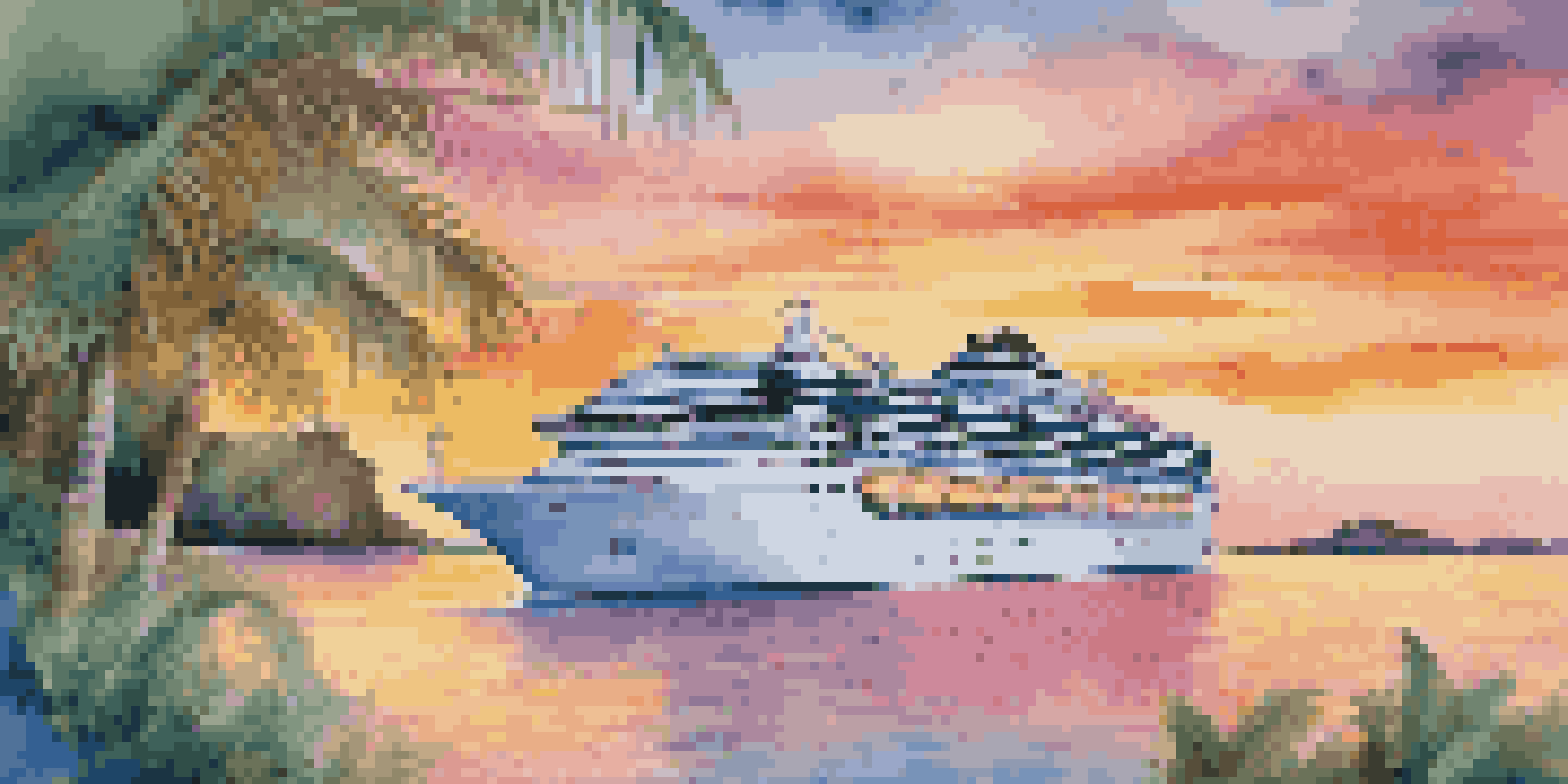 A luxurious cruise ship on clear Caribbean waters at sunset, surrounded by green islands and guests relaxing on the deck.