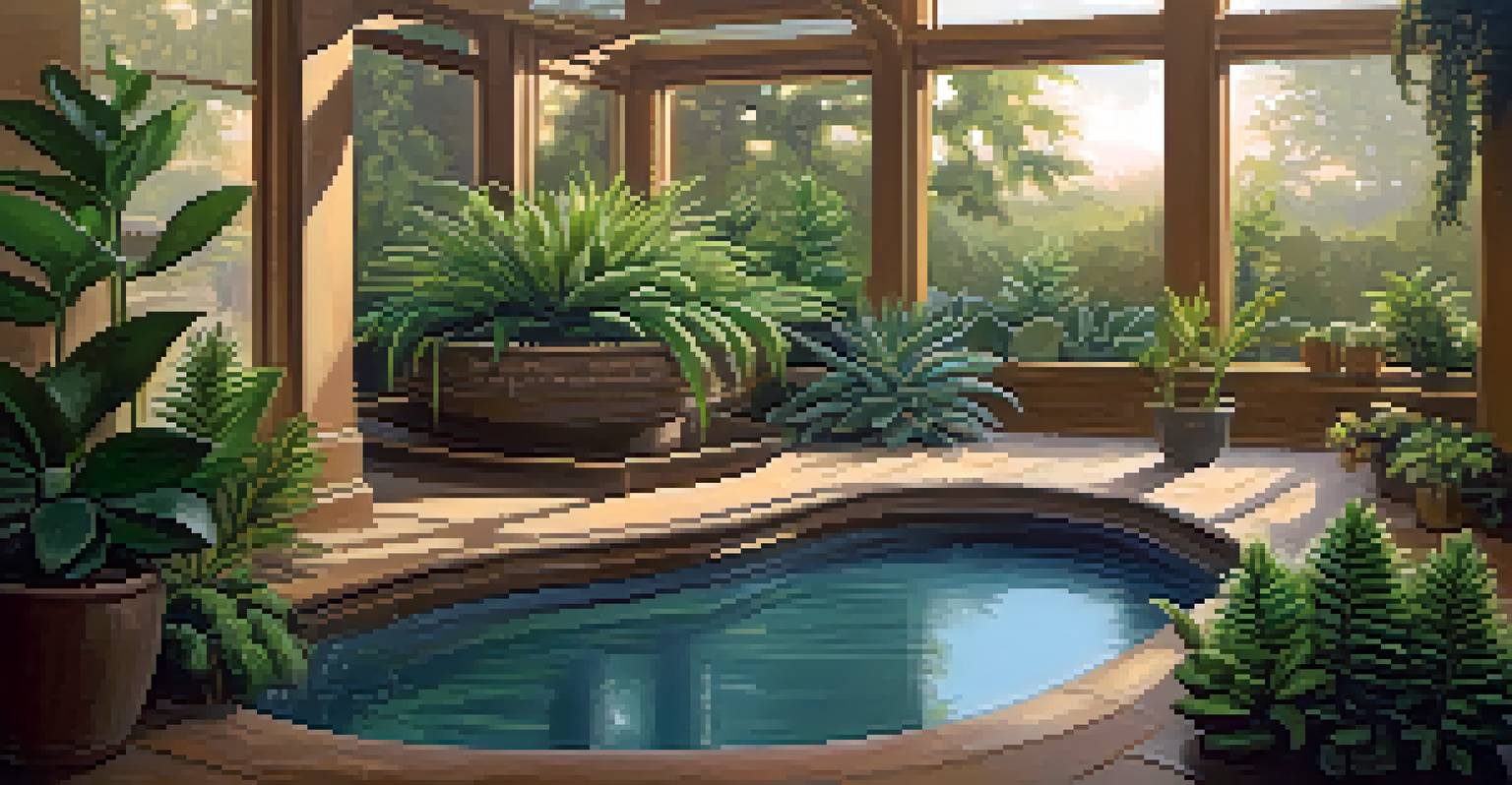 A peaceful indoor water fountain with surrounding plants and soft lighting, creating a calming atmosphere.