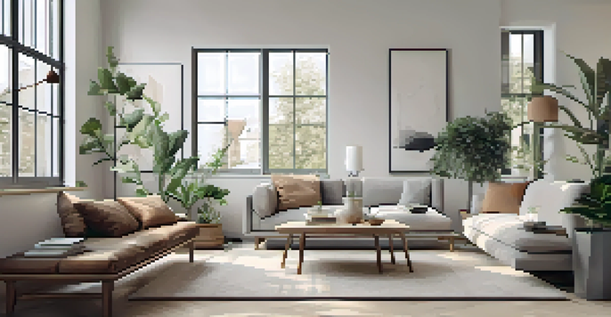 A minimalist living room with natural light, high-quality furniture, and a potted plant.