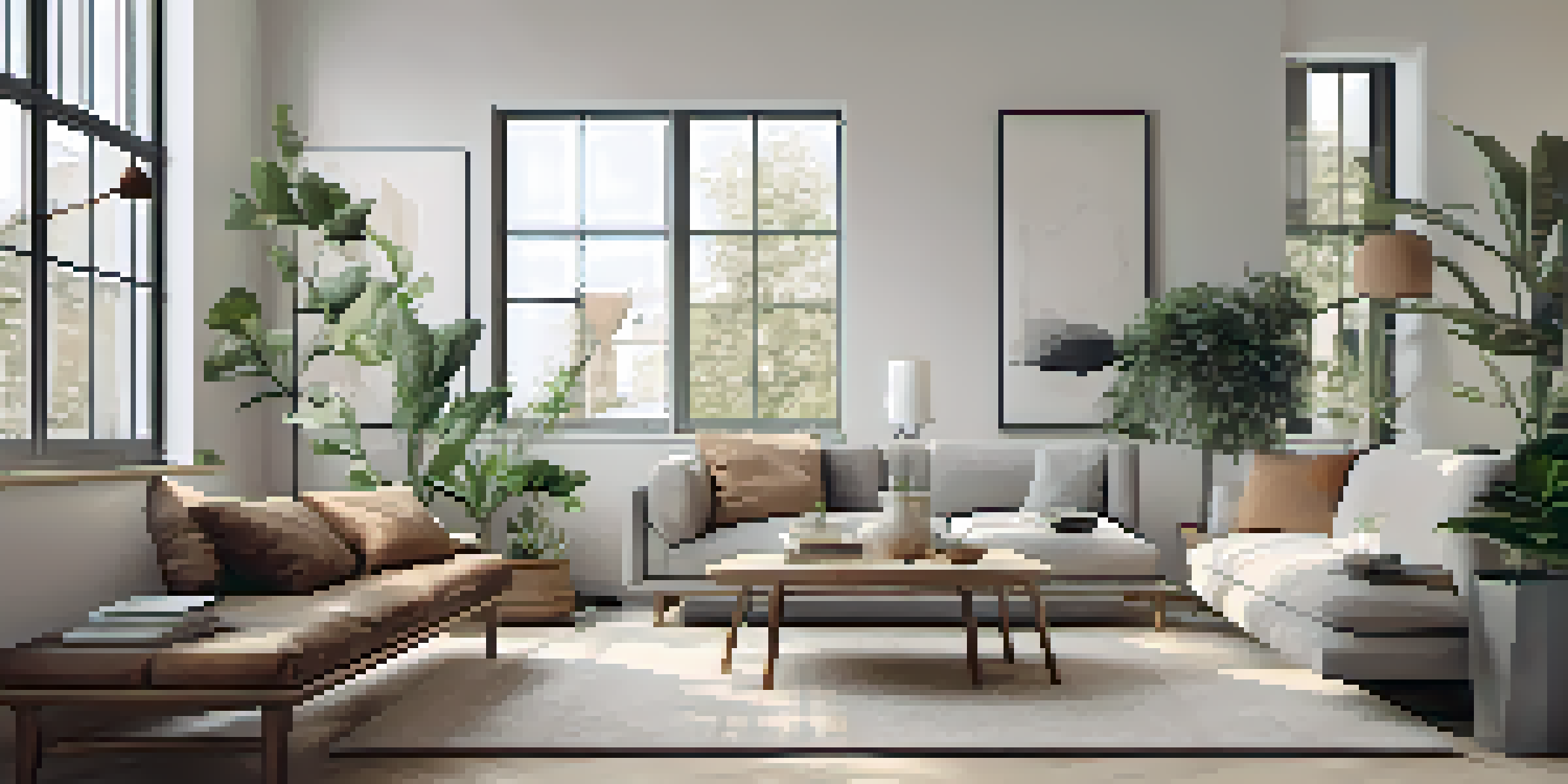 A minimalist living room with natural light, high-quality furniture, and a potted plant.