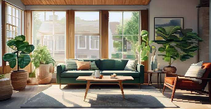 A cozy living room with a mid-century modern sofa, reclaimed wood coffee table, and plants, illuminated by natural sunlight.