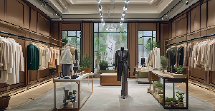 An elegant boutique interior with displays of sustainable fashion, warm lighting, and greenery accents.