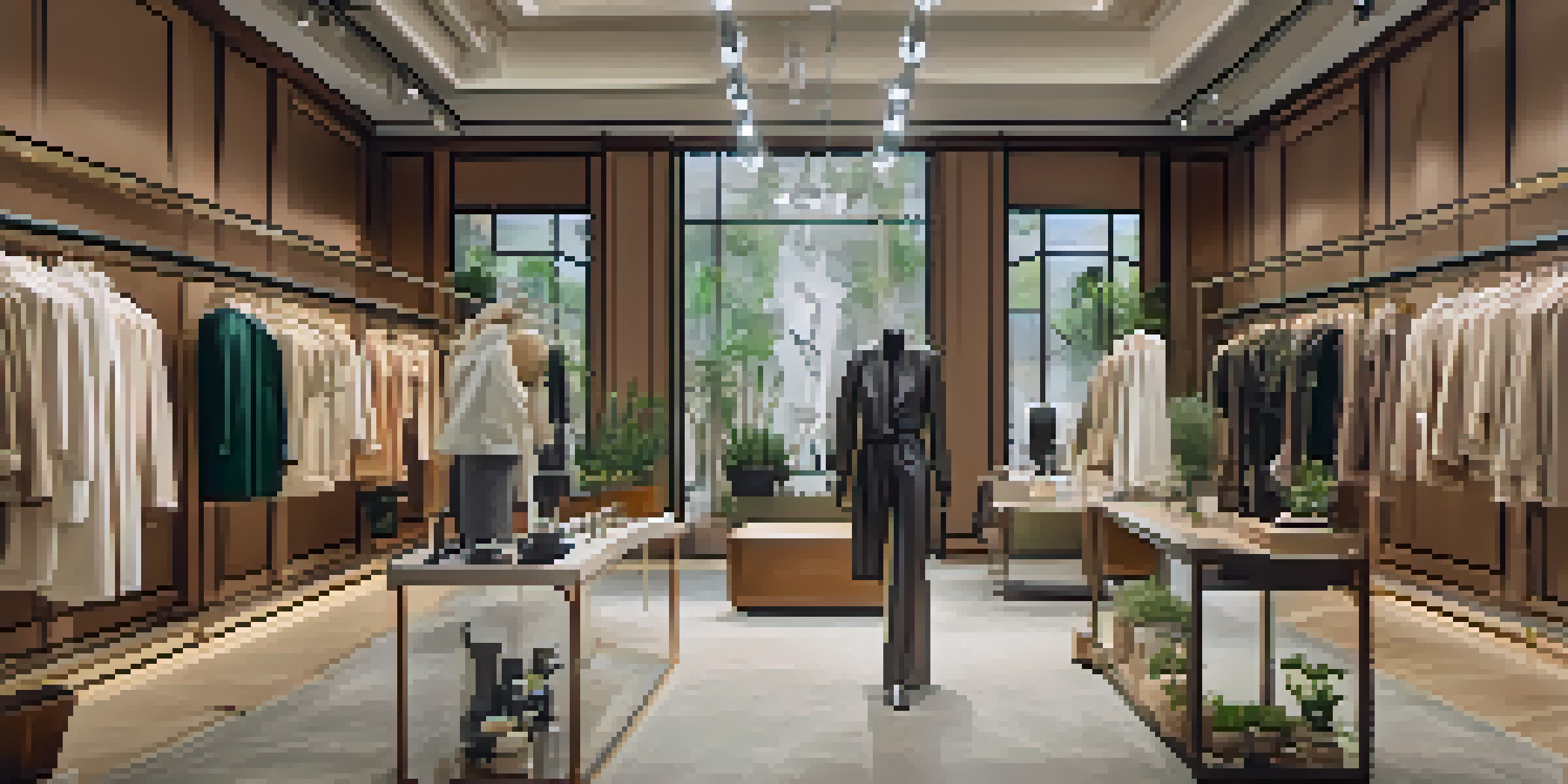 An elegant boutique interior with displays of sustainable fashion, warm lighting, and greenery accents.