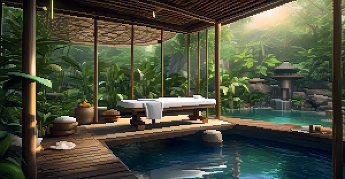 A tranquil outdoor luxury spa with a therapist preparing for a massage, surrounded by greenery and water features.