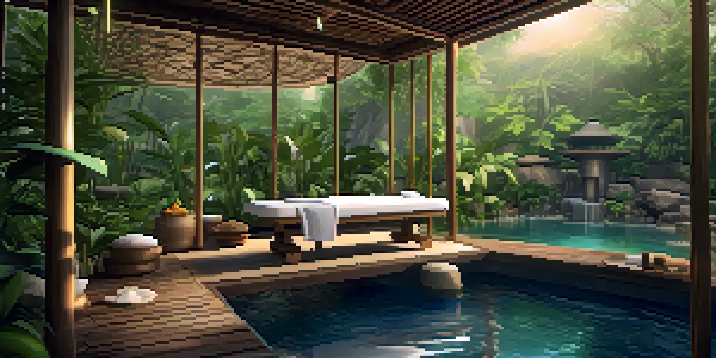 A tranquil outdoor luxury spa with a therapist preparing for a massage, surrounded by greenery and water features.