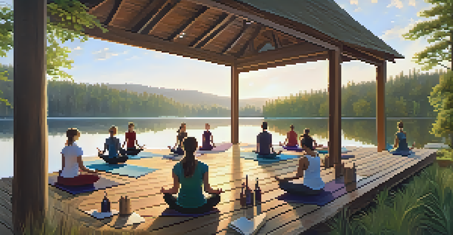 People practicing yoga on a deck by a calm lake, surrounded by trees and nature.