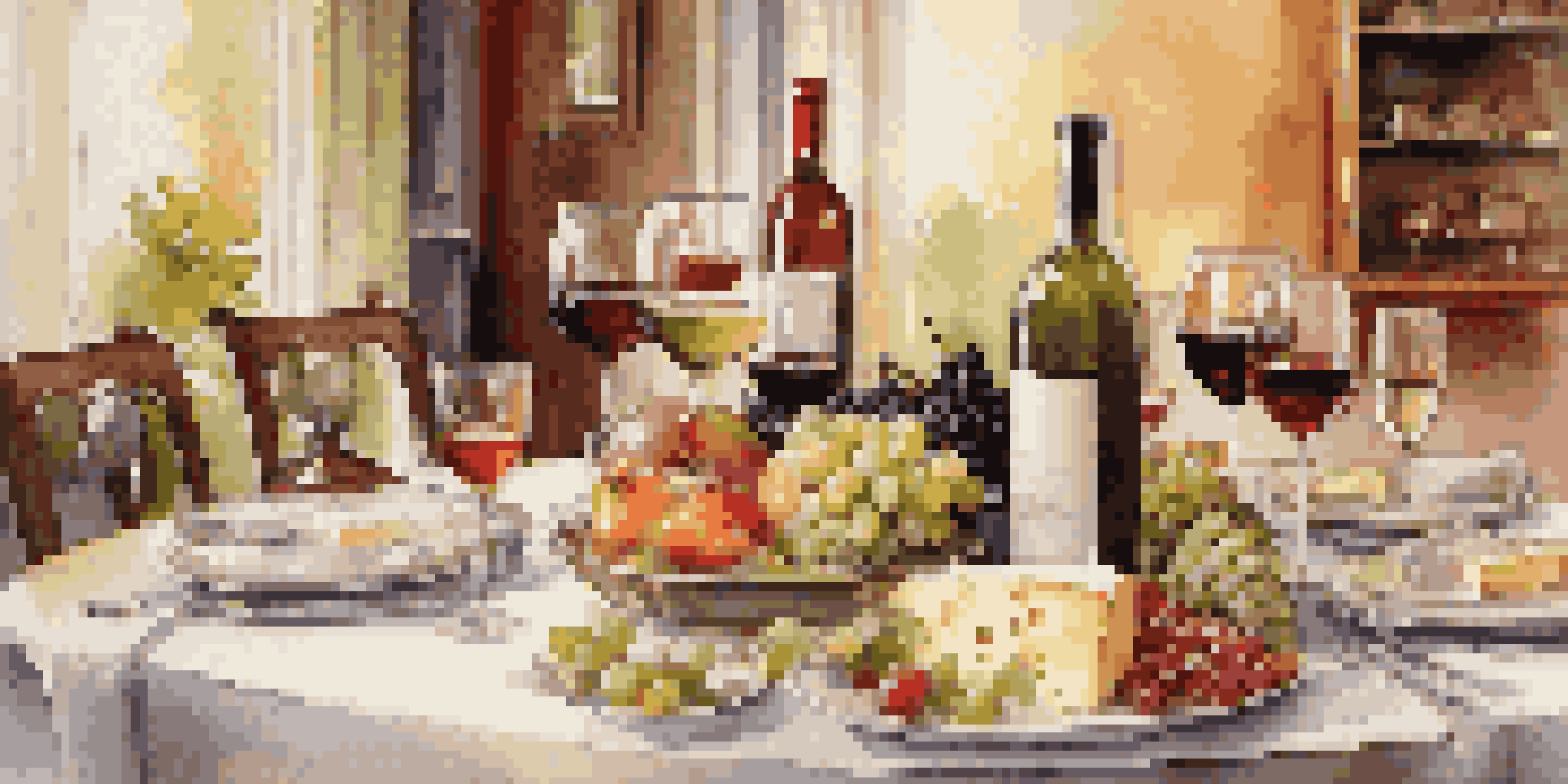 A dinner table set for a wine tasting event with wine glasses, cheese, and fruits under warm lighting.