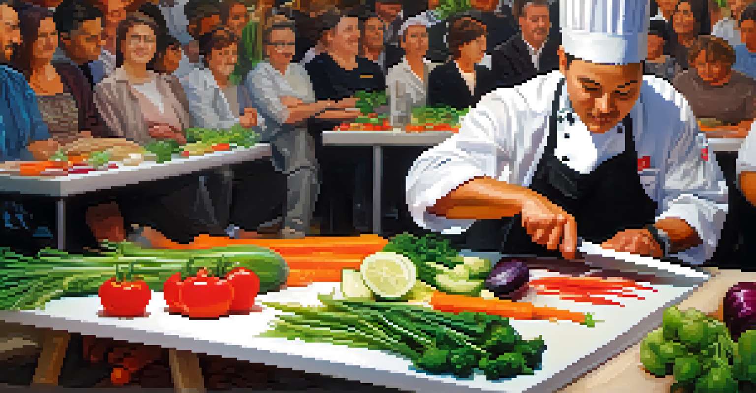 A chef demonstrating knife skills with a chef's knife, surrounded by vibrant vegetables, while participants watch intently in a cooking class.