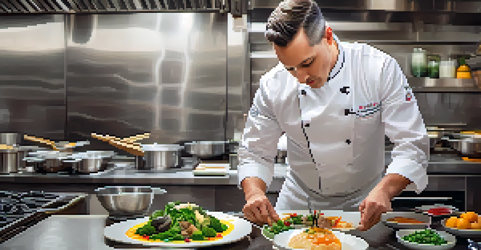 A chef in a modern kitchen meticulously plating a colorful dish with fresh ingredients and sauces, showcasing culinary artistry.