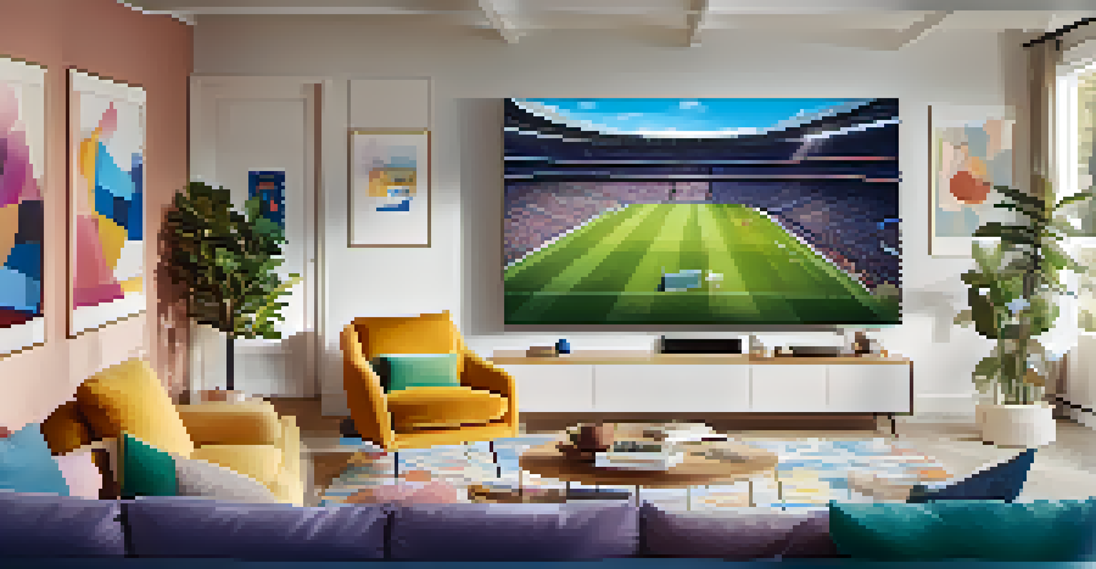 A QLED TV displaying a sports game in a bright living room with people gathered around, showcasing vibrant colors and excitement.