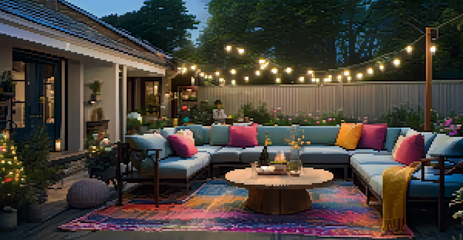 A lively outdoor gathering with modular furniture in vibrant colors, surrounded by trees and illuminated by fairy lights.